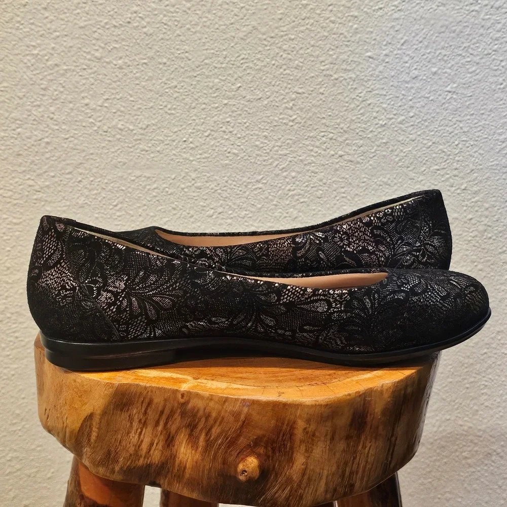 SAS Scenic Black Floral Lace Metallic Ballet Flats Shoes Womens 11 M Made in USA